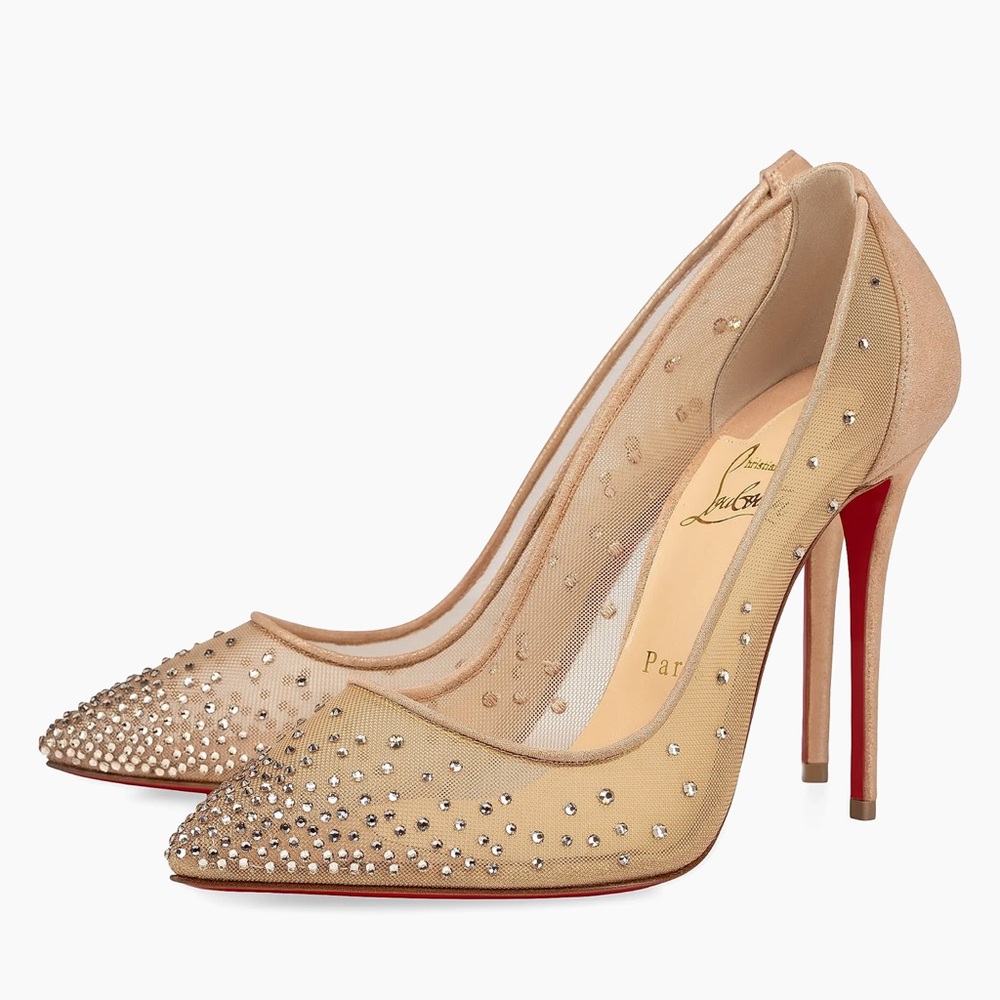 💝Christian Louboutin Follies Strass embellished mesh heels💝